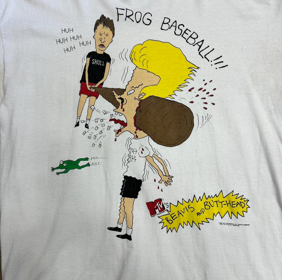 Beavis and Butt-Head Frog Baseball White 1994 Vintage T-Shirt Single Stitch