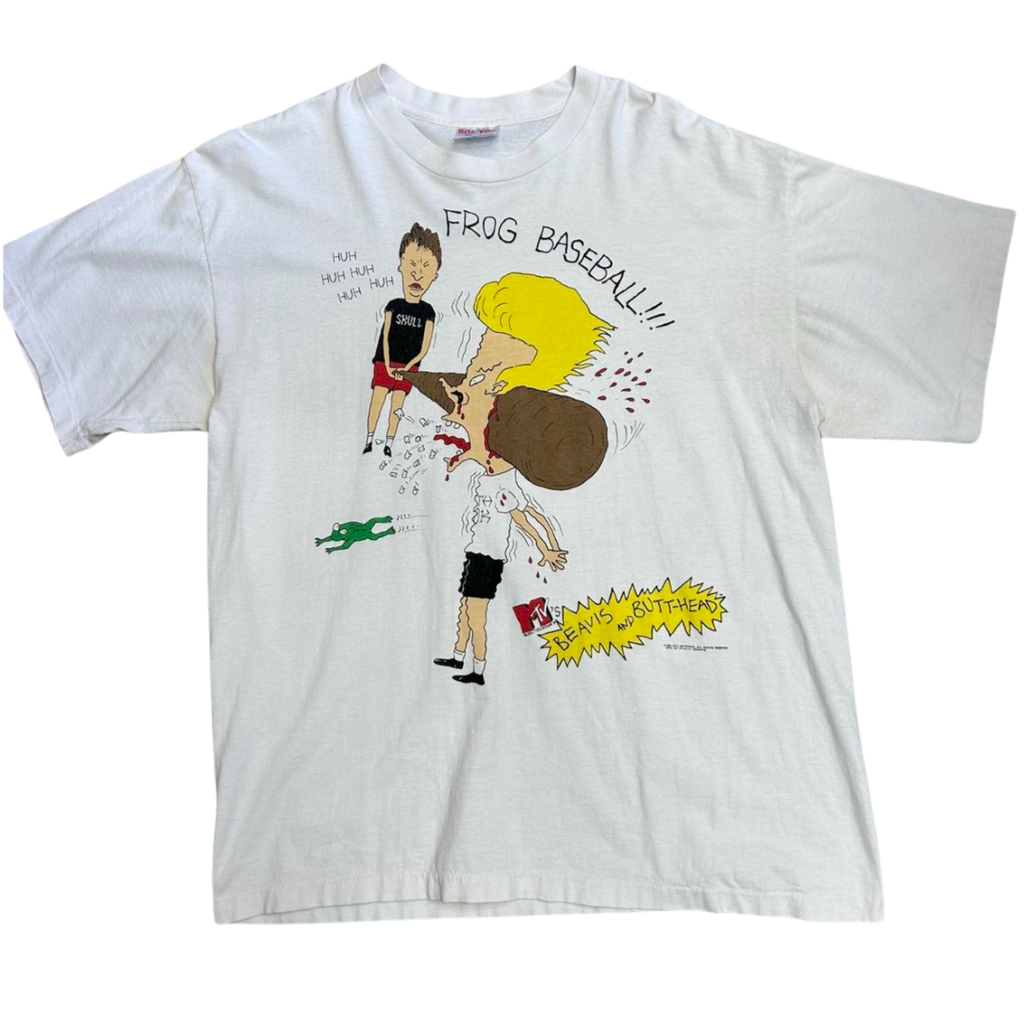 Beavis and Butt-Head Frog Baseball White 1994 Vintage T-Shirt Single Stitch
